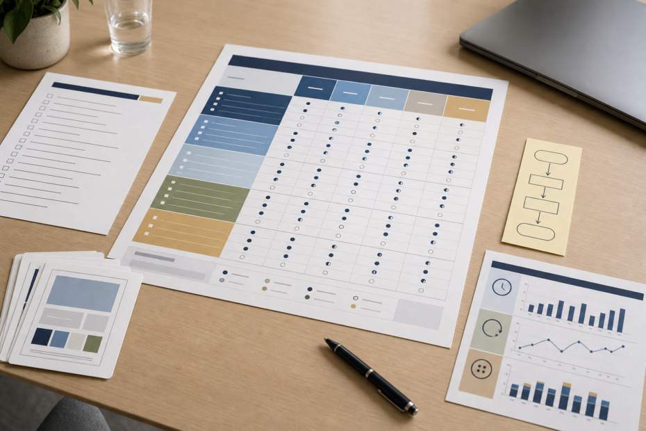Two marketers comparing AI-generated ad visuals and a selection checklist to choose the best AI image generator for business use.