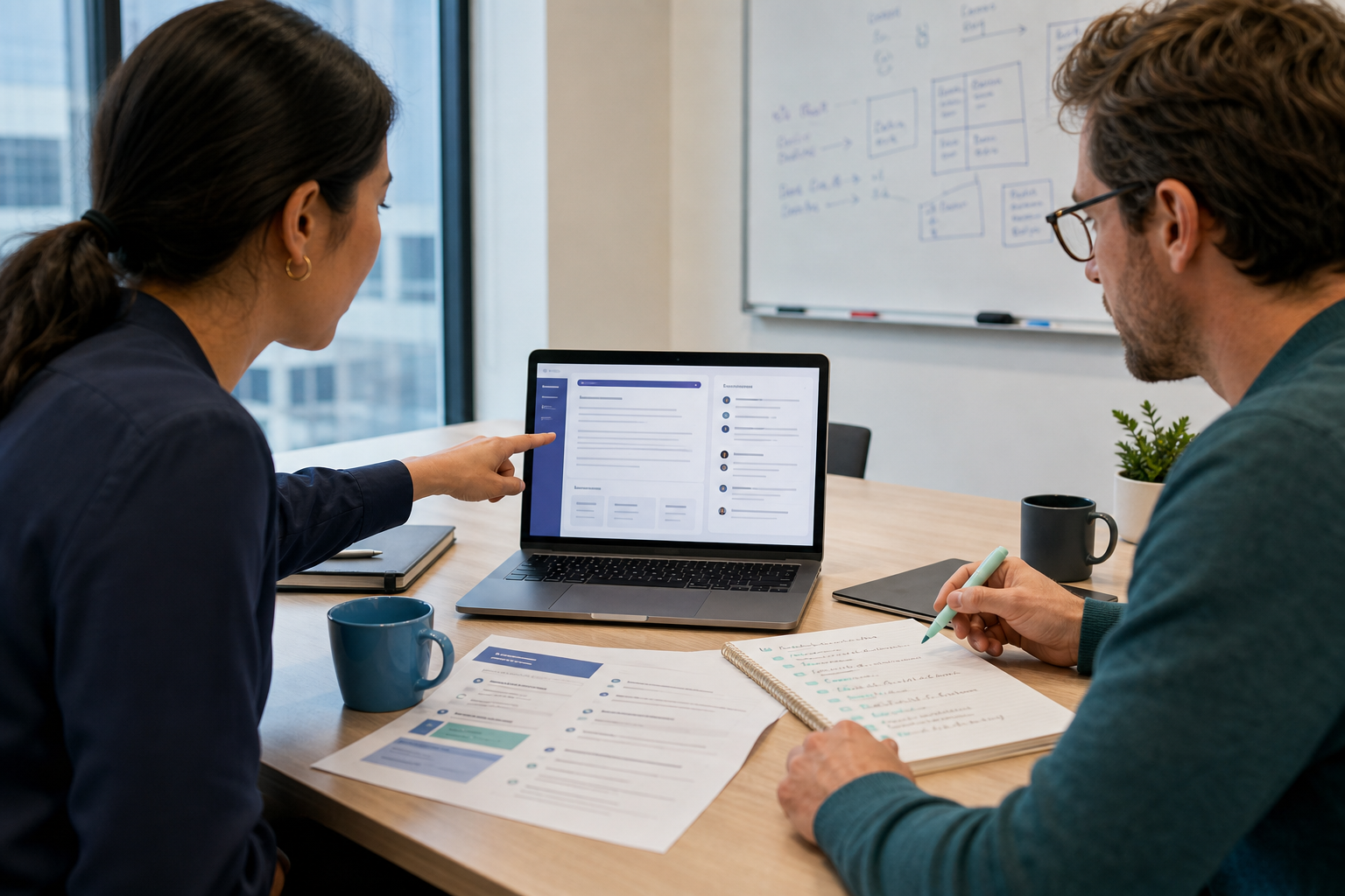 Small business team reviewing an AI-generated meeting summary and action items as part of Microsoft Copilot workflow in Microsoft 365