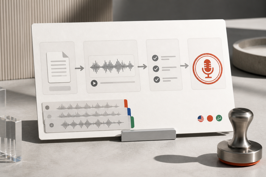Business team comparing AI voice narration takes in ElevenLabs-style workflow using scripts and audio waveform review