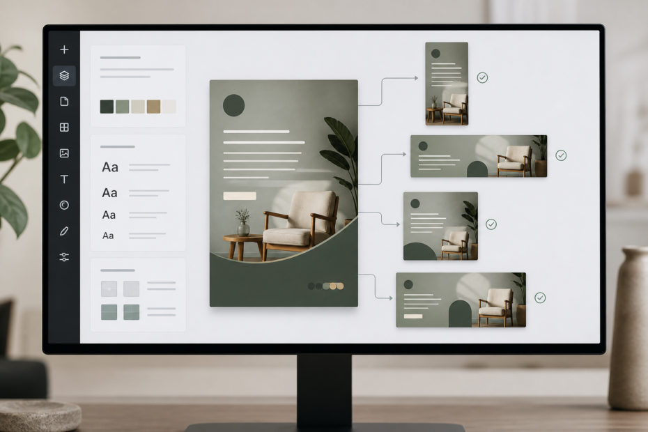Small business owner reviewing Canva Magic Studio AI design variations in multiple formats for a marketing campaign