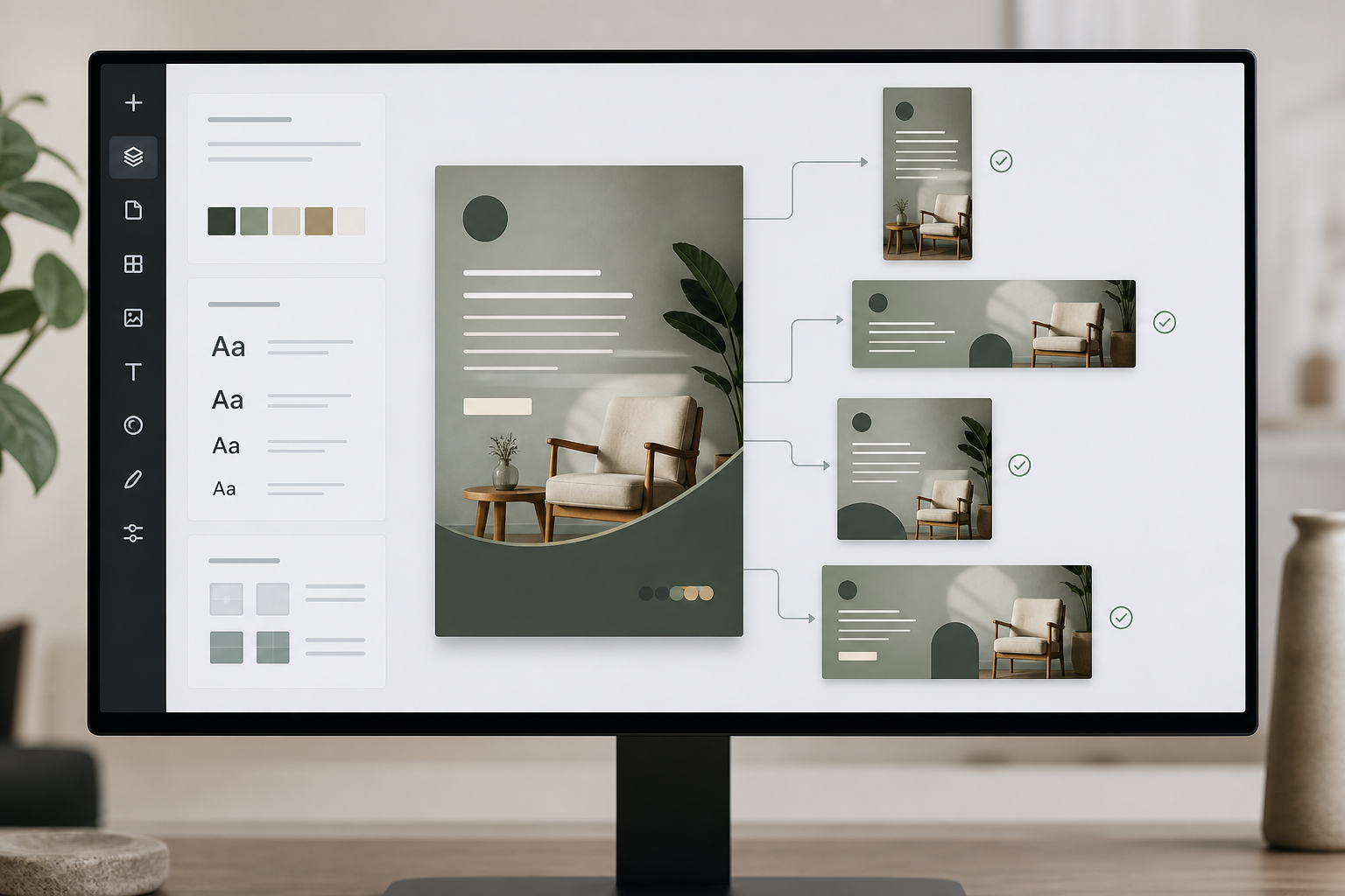 Small business owner reviewing Canva Magic Studio AI design variations in multiple formats for a marketing campaign