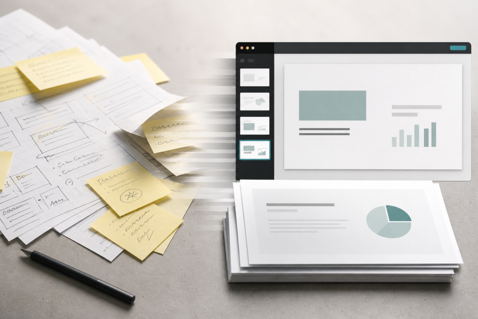 Small business owner comparing a web-first Gamma-style AI presentation with a PowerPoint-style slide deck to choose the best delivery format.