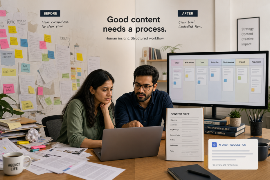 Premium editorial photo-illustration in a small marketing agency office in India: a content strategist and an editor at a desk reviewing a structured content brief on a laptop, with a second screen showing a simple workflow board (columns: Intake, Brief Review, Draft, Editor QA, Client Approval, Publish, Repurpose) using generic labels only. Visual split composition showing “before” as messy sticky notes and scattered drafts, and “after” as a clean standardized brief template and organized workflow board; subtle AI assistance indicated by a small unobtrusive “AI draft suggestion” panel with generic text (no names, no dates, no numbers). Emphasize human review and controlled workflow, no robots, no futuristic neon, no KPI percentages or performance charts, minimal visible text.
