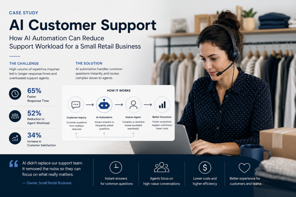 AI customer support case study showing AI automation handling small retail customer inquiries and routing complex issues to a human agent