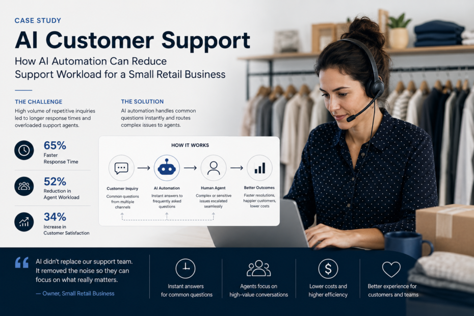 AI customer support case study showing AI automation handling small retail customer inquiries and routing complex issues to a human agent