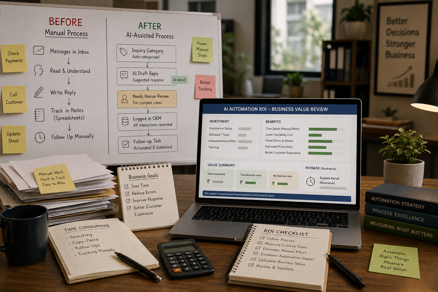 AI automation ROI dashboard showing business value before and after workflow automation