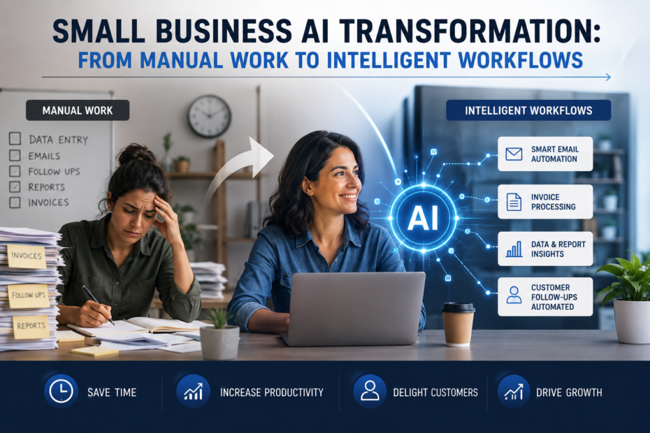Small business owner transitioning from manual paperwork to AI-powered intelligent workflows for email automation, invoice processing, data insights, and customer follow-ups.