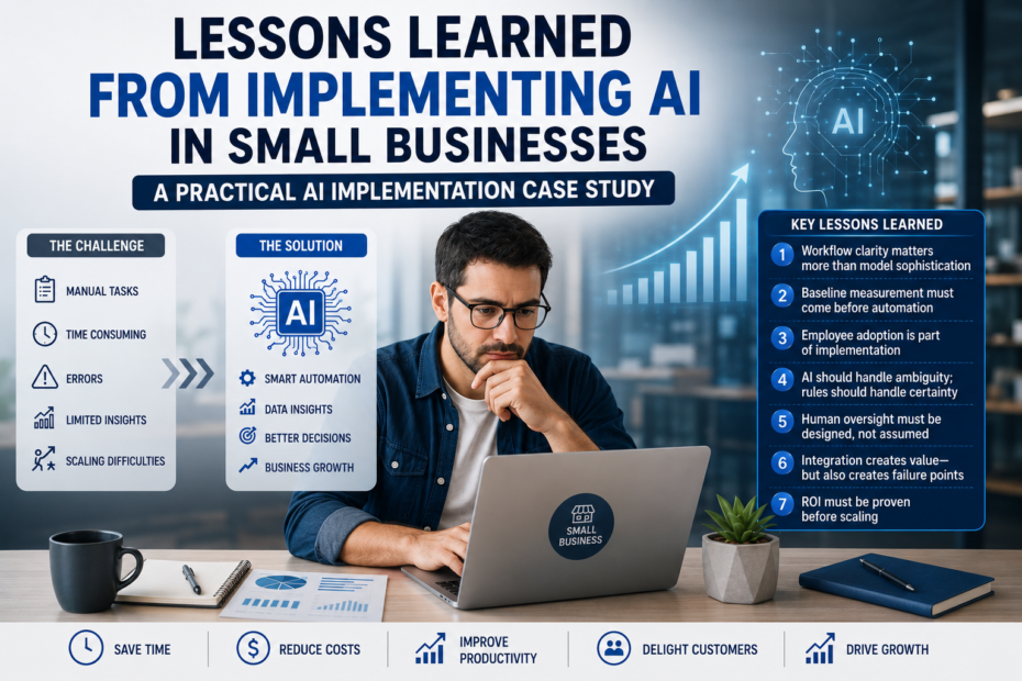 Lessons learned from implementing AI in small businesses, highlighting workflow clarity, baseline measurement, employee adoption, AI and rules, human oversight, integration, and ROI.