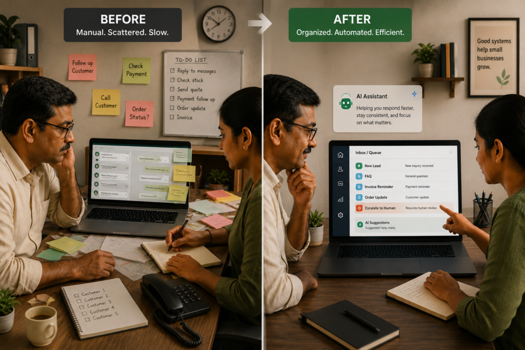 Premium editorial photo-illustration set in a small business office in India: a small team (owner and one staff member) at a desk handling customer messages on WhatsApp Business and a simple CRM/spreadsheet on a laptop. Show a clear before-and-after workflow transformation in one frame (split composition): left side shows manual work with sticky notes, scattered chat threads, and a paper checklist; right side shows an organized automated workflow with a clean screen showing generic labels like “New Lead,” “FAQ,” “Invoice Reminder,” “Escalate to Human,” and a simple queue. Emphasize human oversight (staff reviewing an “Escalate to Human” item). Subtle AI presence as a small icon or assistant panel, not sci-fi. No brand names, no real names, no phone numbers, no dates, no KPI numbers, no percentages, minimal readable text.