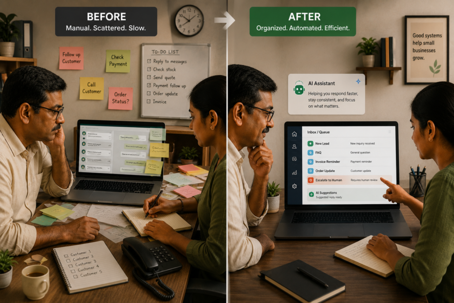 Premium editorial photo-illustration set in a small business office in India: a small team (owner and one staff member) at a desk handling customer messages on WhatsApp Business and a simple CRM/spreadsheet on a laptop. Show a clear before-and-after workflow transformation in one frame (split composition): left side shows manual work with sticky notes, scattered chat threads, and a paper checklist; right side shows an organized automated workflow with a clean screen showing generic labels like “New Lead,” “FAQ,” “Invoice Reminder,” “Escalate to Human,” and a simple queue. Emphasize human oversight (staff reviewing an “Escalate to Human” item). Subtle AI presence as a small icon or assistant panel, not sci-fi. No brand names, no real names, no phone numbers, no dates, no KPI numbers, no percentages, minimal readable text.