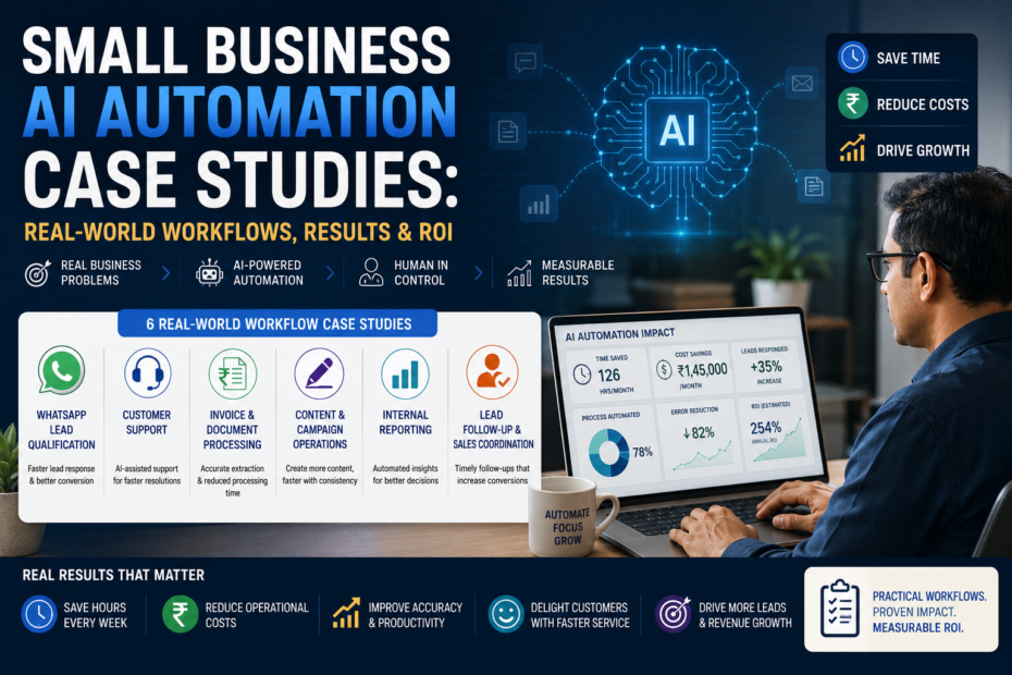 Small business AI automation case studies showing six real-world workflows, including WhatsApp lead qualification, customer support, invoice processing, content operations, internal reporting, and lead follow-up, with measurable business outcomes.