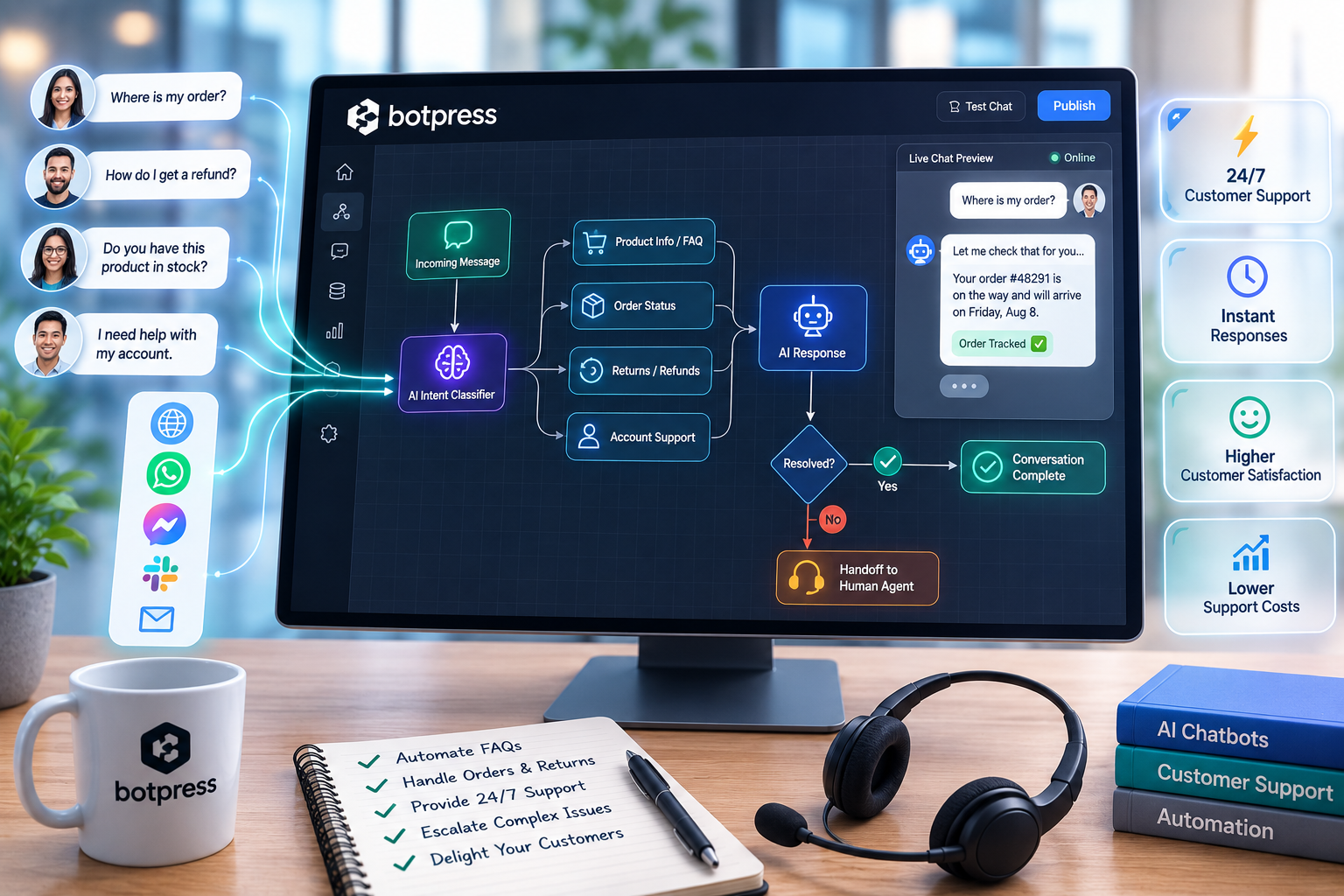 Support team designing an AI customer support workflow with Botpress, reviewing knowledge base content and escalation-to-human rules.