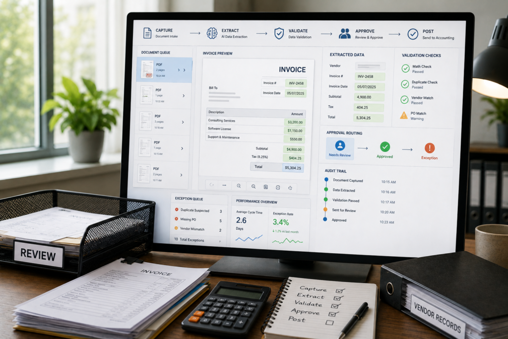 Accounts payable specialist validating AI invoice automation extraction and approval routing on a monitor before posting to accounting software.