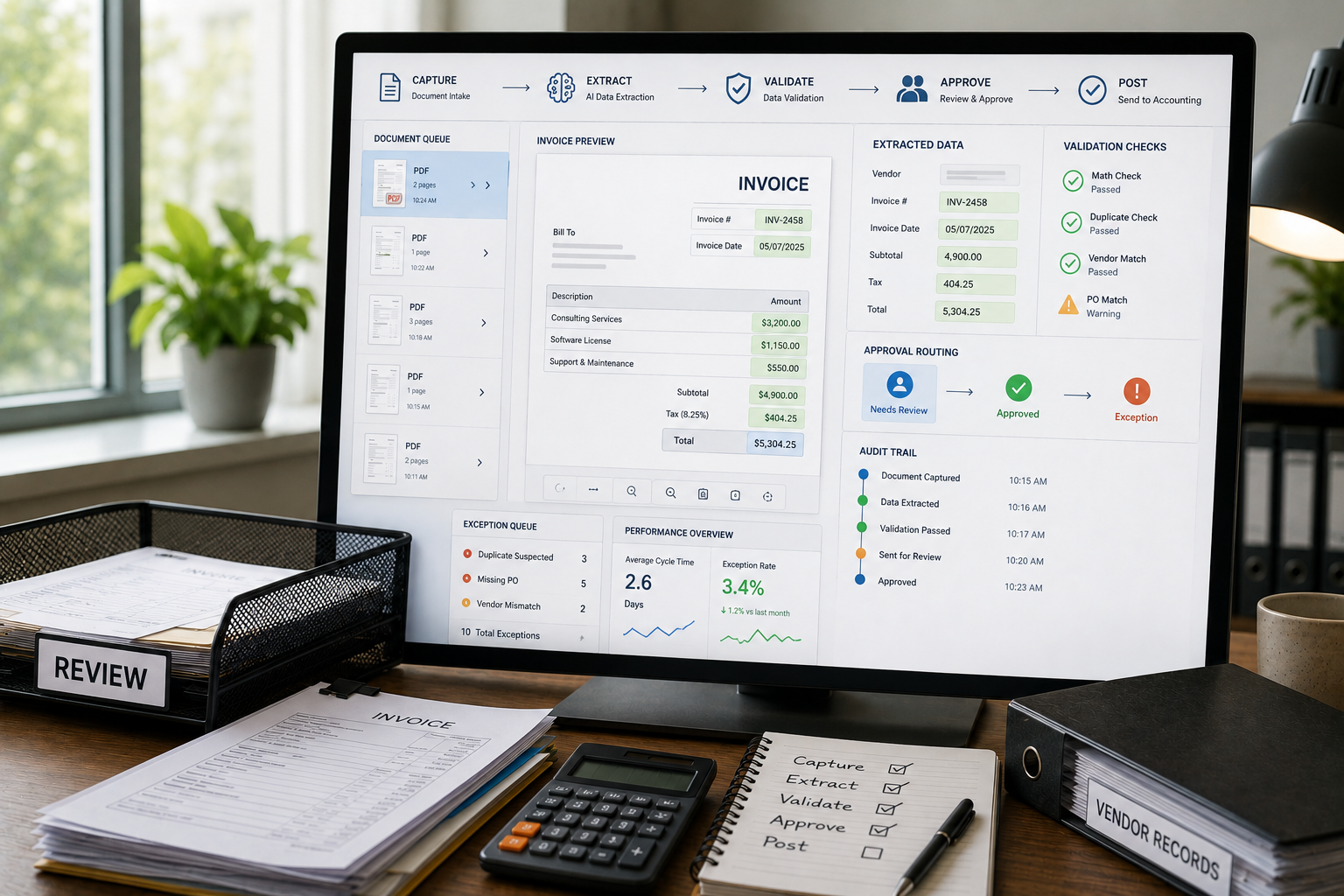 Accounts payable specialist validating AI invoice automation extraction and approval routing on a monitor before posting to accounting software.
