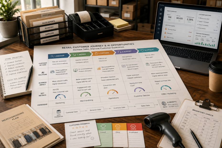 Retail store manager reviewing an AI-organized customer support and sales follow-up queue on a tablet to improve customer experience.