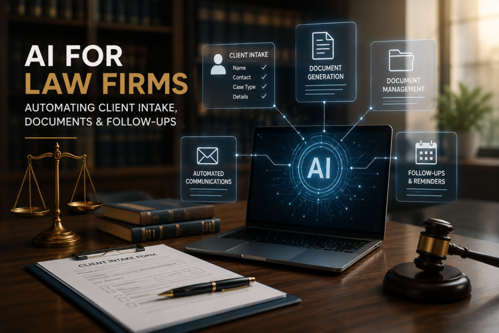 Law firm team reviewing a client intake form and engagement letter draft beside a workflow board for automating intake, documents, and follow-ups.