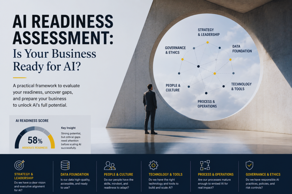 AI readiness assessment infographic showing a business leader evaluating six dimensions of AI readiness: strategy and leadership, data foundation, people and culture, technology and tools, process and operations, and governance and ethics, with a 58% moderate readiness score.