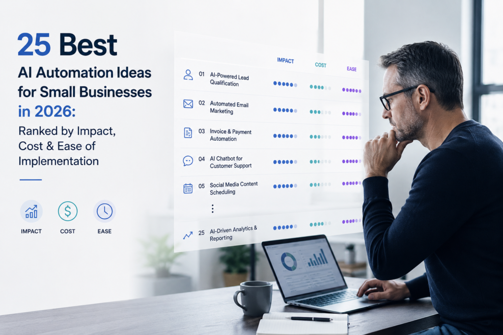 AI automation ideas for small businesses ranked by impact, cost, and ease of implementation in 2026.