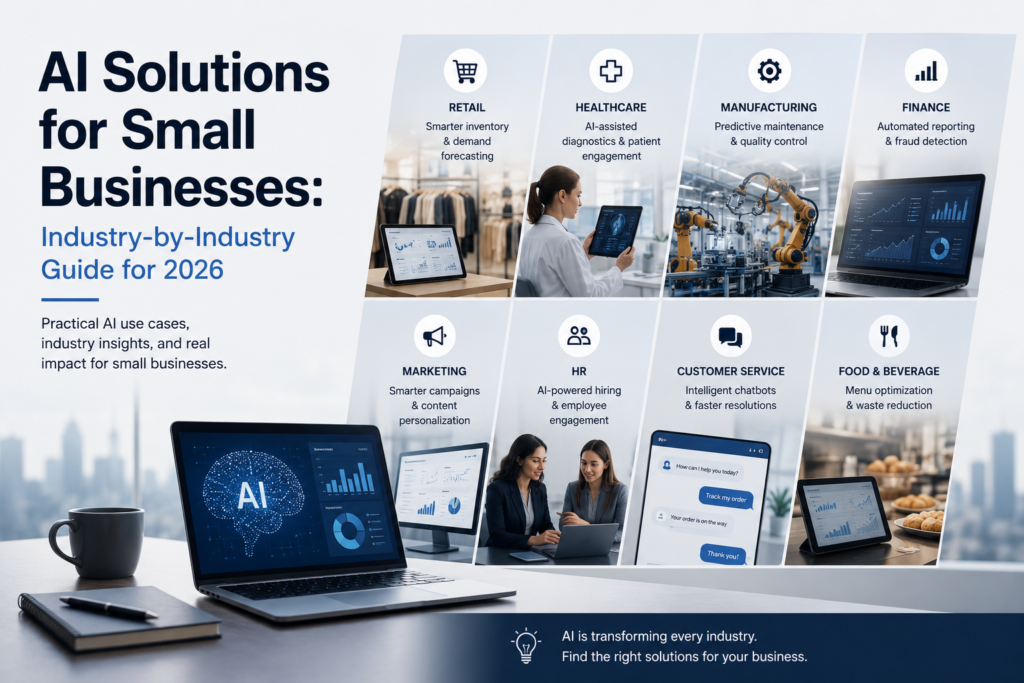AI solutions for small businesses across industries, illustrated with a central AI concept connected to industry-specific business applications.