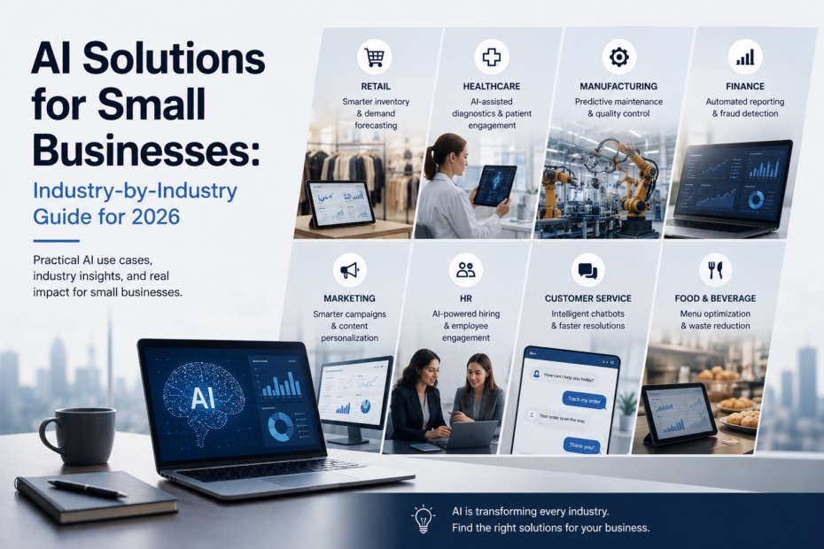 AI solutions for small businesses across industries, illustrated with a central AI concept connected to industry-specific business applications.
