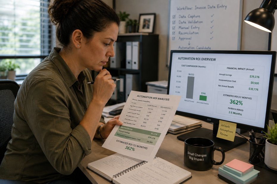 Small business owner calculating AI automation ROI using a worksheet and spreadsheet to compare time saved and total costs