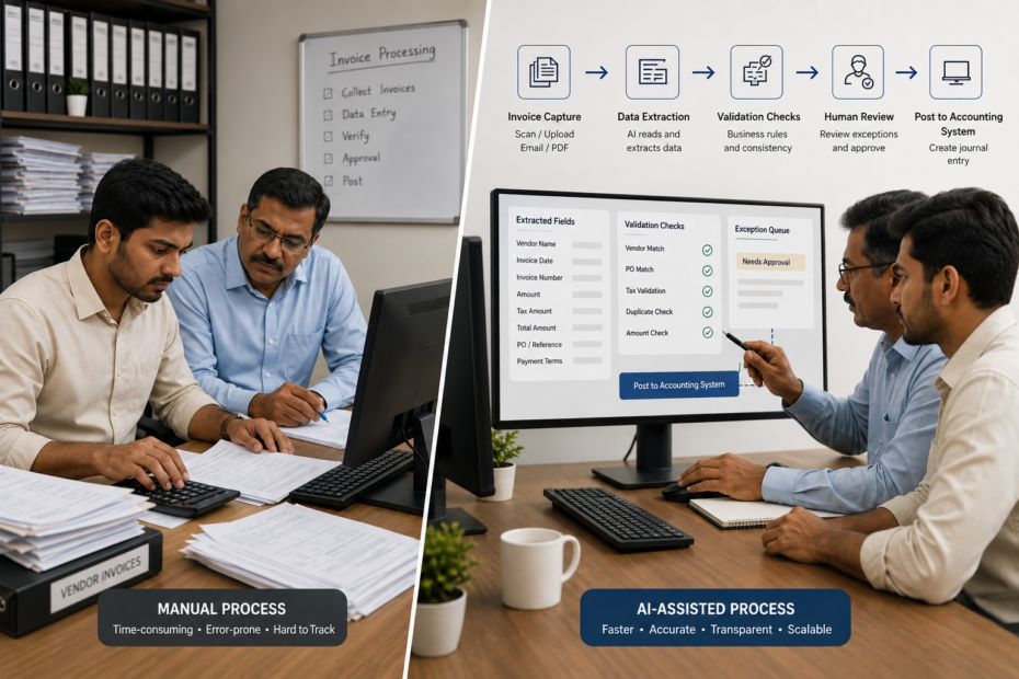 Premium editorial photo-illustration in a small Indian accounting firm office: a junior accountant and a senior reviewer at a desk processing vendor invoices. Split-screen or subtle before/after concept showing manual invoice data entry with paper/PDFs on one side and an AI-assisted invoice automation workflow on the other: scanned invoices flowing into a simple generic dashboard with labels like “Extracted Fields,” “Validation Checks,” “Exception Queue,” “Needs Approval,” and “Post to Accounting System.” Emphasize the business process (invoice capture → data extraction → validation → approval → posting) with human oversight visible (reviewing exceptions). No brand names, no real client data, no logos, no addresses, no dates, no invoice numbers, no percentages or KPI charts. Natural lighting, realistic office setting, minimal on-screen text, professional composition.