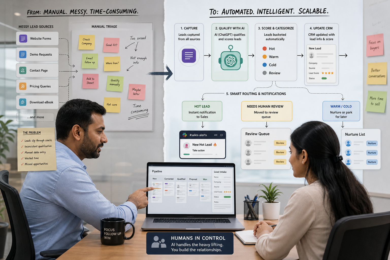 Premium editorial photo-illustration in a small B2B services office in India: a sales manager and SDR at a desk reviewing a laptop showing a generic CRM pipeline and a lead intake panel. Visual split-story of the workflow: on the left, messy website form submissions and sticky notes/manual triage; on the right, a clean automated flow with generic labels like “Hot / Warm / Cold / Review,” a HubSpot-like CRM record being updated, and a subtle AI assistant icon indicating ChatGPT-based lead qualification. Show a phone notification or Slack-style alert only for “Hot lead,” and a separate “Needs human review” queue. No brand logos, no real names, no emails, no dates, no KPI numbers, no percentage claims. Focus on the business process transformation (lead qualification automation, CRM lead scoring, sales notification) with humans clearly in control.