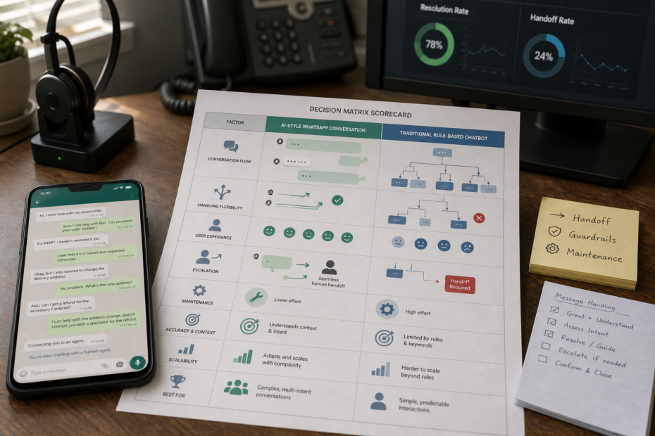 Support manager comparing WhatsApp AI vs traditional chatbot conversation flows for a small business WhatsApp automation decision