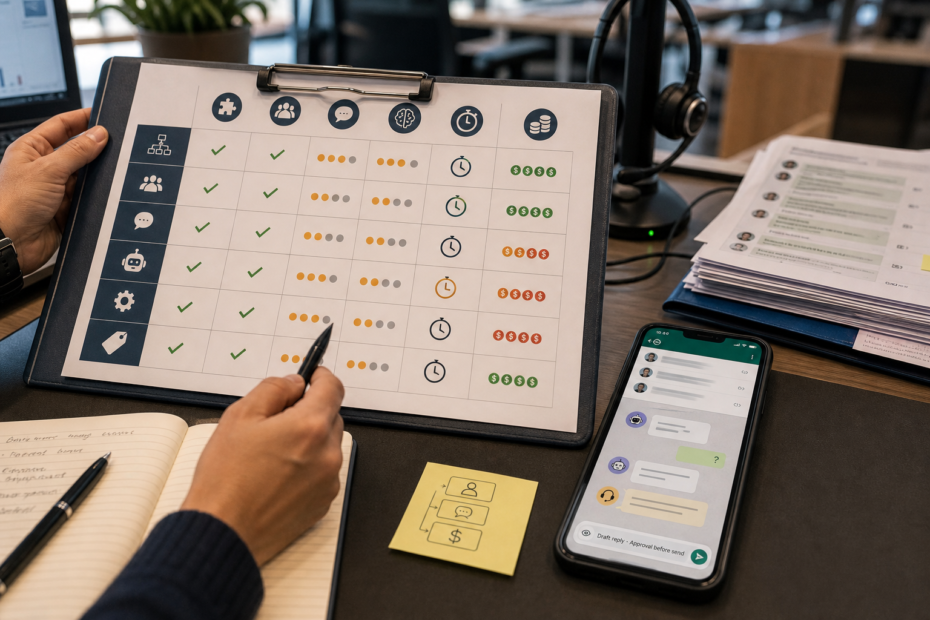 Small business owner comparing WhatsApp automation tools using a decision matrix beside a phone with an incoming WhatsApp message.