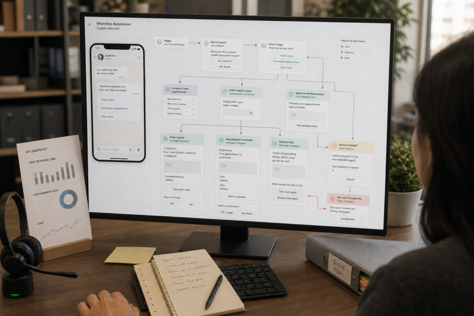 Support team reviewing a WhatsApp customer support automation workflow with human handoff and order status lookup.