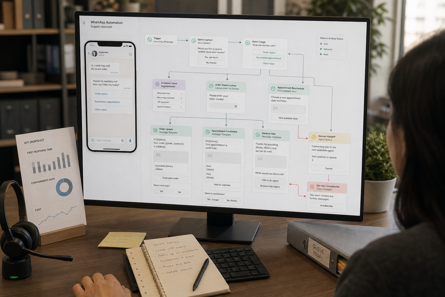 Support team reviewing a WhatsApp customer support automation workflow with human handoff and order status lookup.