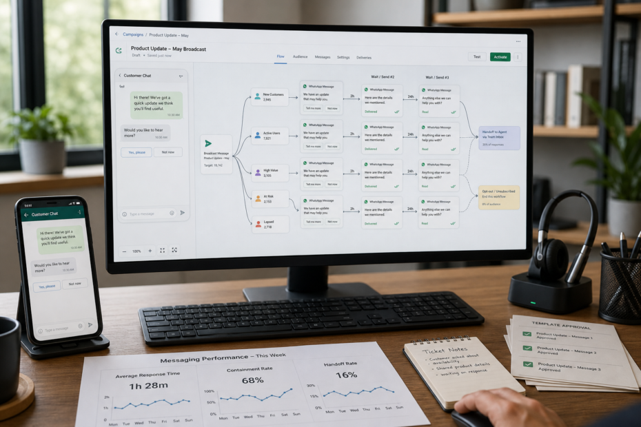 Small business team planning WhatsApp automation workflow using a shared inbox and routing rules