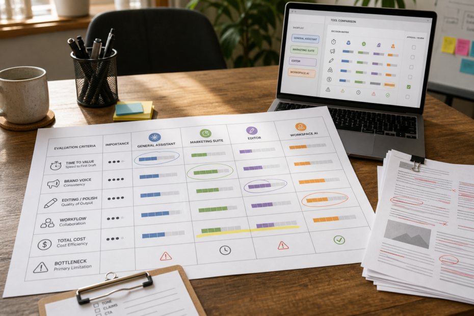 Small business marketing team comparing AI writing tools using a decision matrix and printed scorecard.