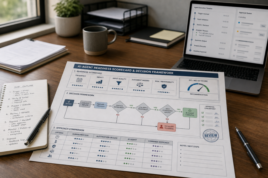 Small business owner and operations manager reviewing a decision board comparing AI agents vs automation vs human review for a workflow.