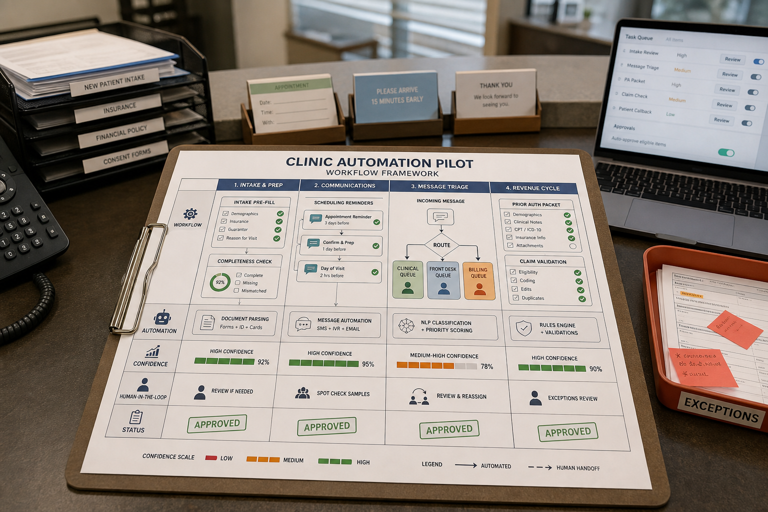 Clinic staff reviewing intake, scheduling, and message triage workflows to plan AI automation in a healthcare clinic.