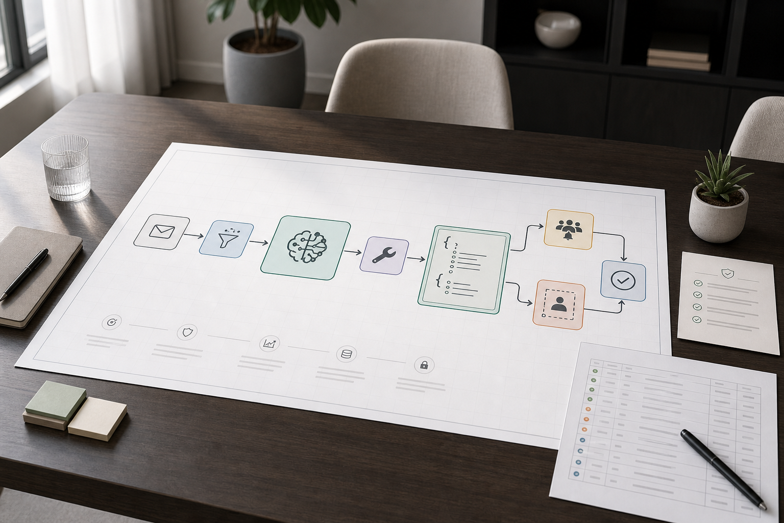Small business team reviewing an AI agent workflow board for support ticket triage with a human approval step.