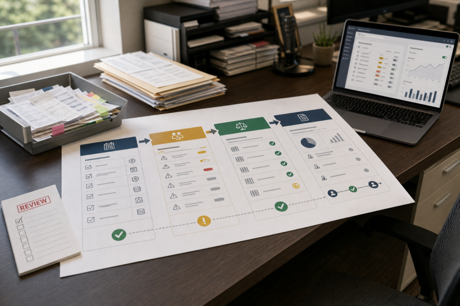 Accounting team reviewing an AI-assisted bookkeeping workflow board with exception handling for month-end close