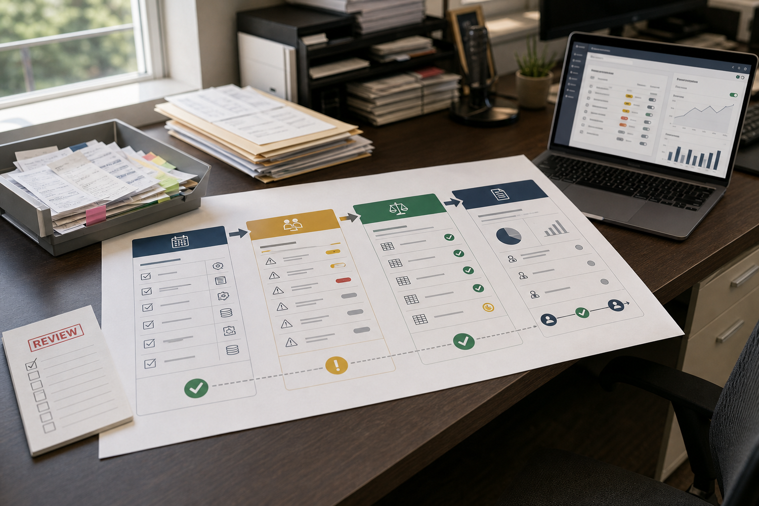 Accounting team reviewing an AI-assisted bookkeeping workflow board with exception handling for month-end close