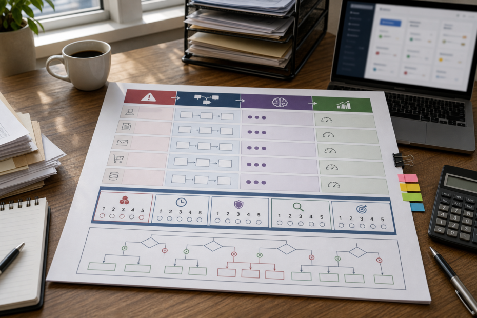 Small business team prioritizing AI use cases by sorting workflow cards into a decision matrix on a table