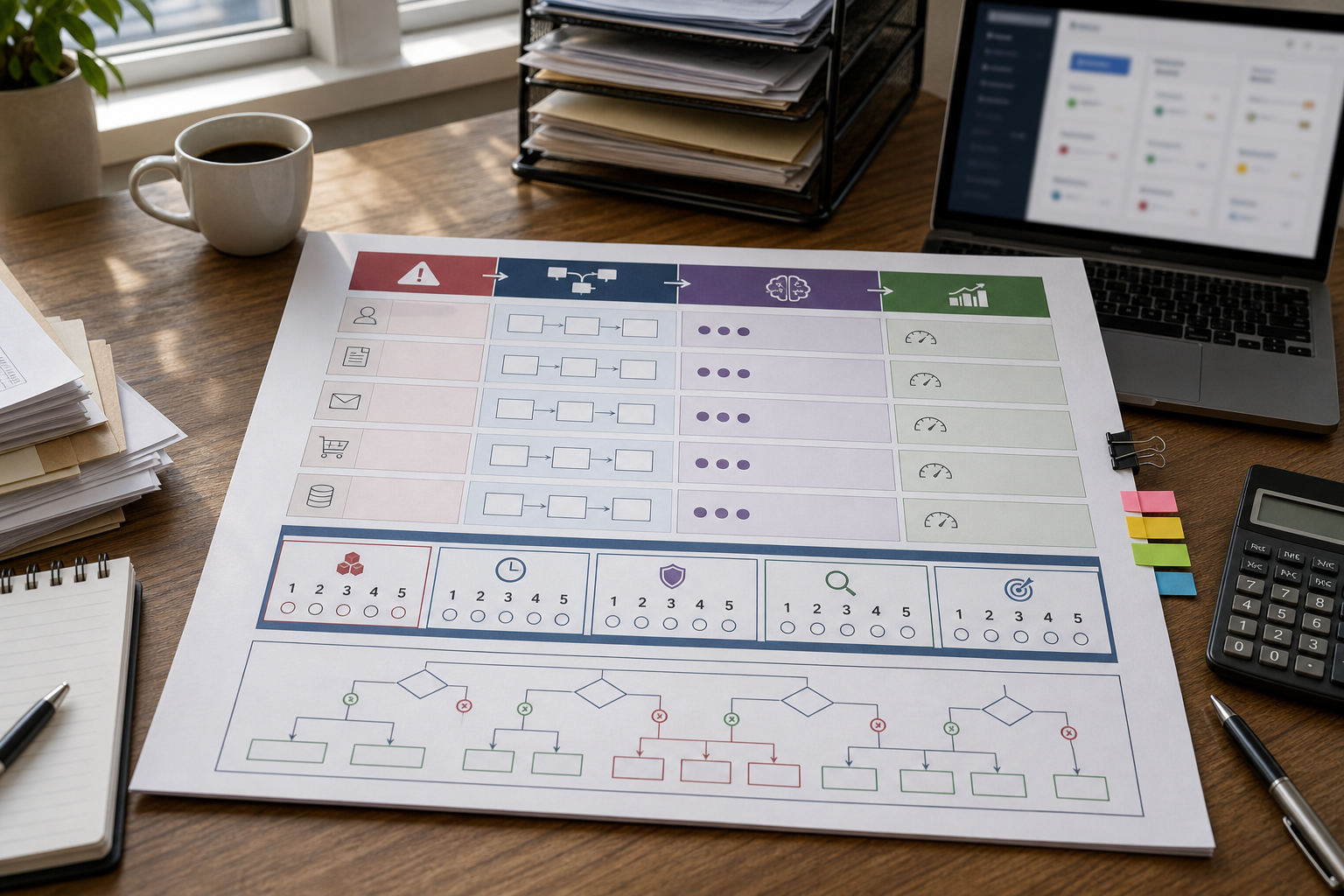 Small business team prioritizing AI use cases by sorting workflow cards into a decision matrix on a table
