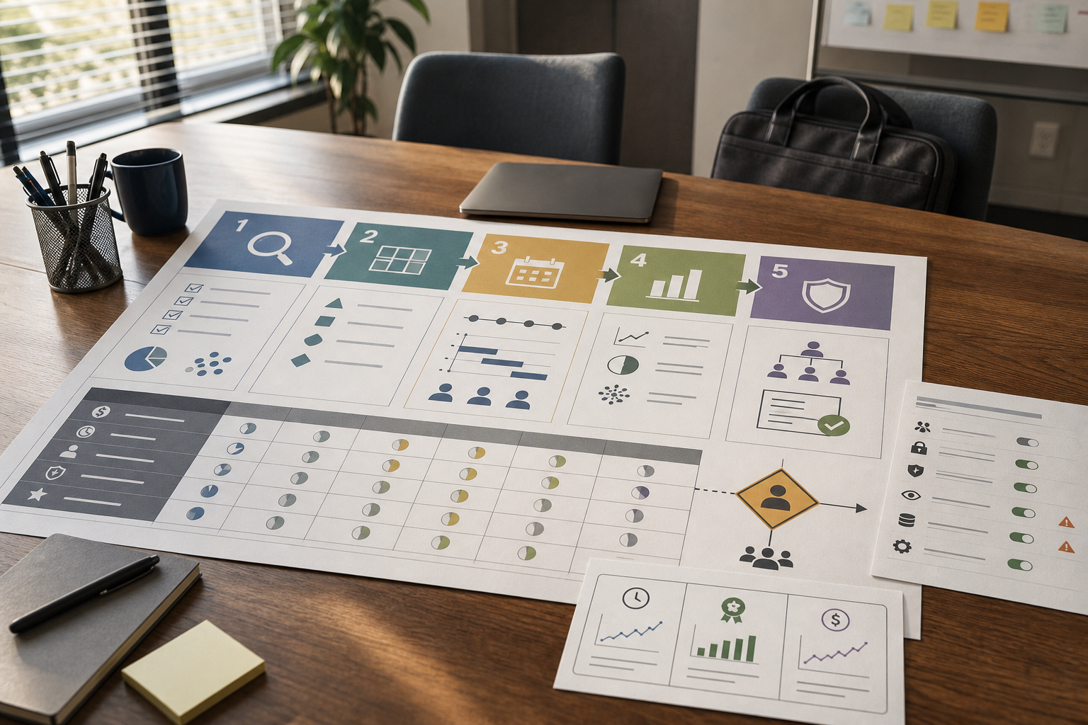 Small business team mapping a workflow-based AI adoption roadmap on a whiteboard before running an AI pilot.