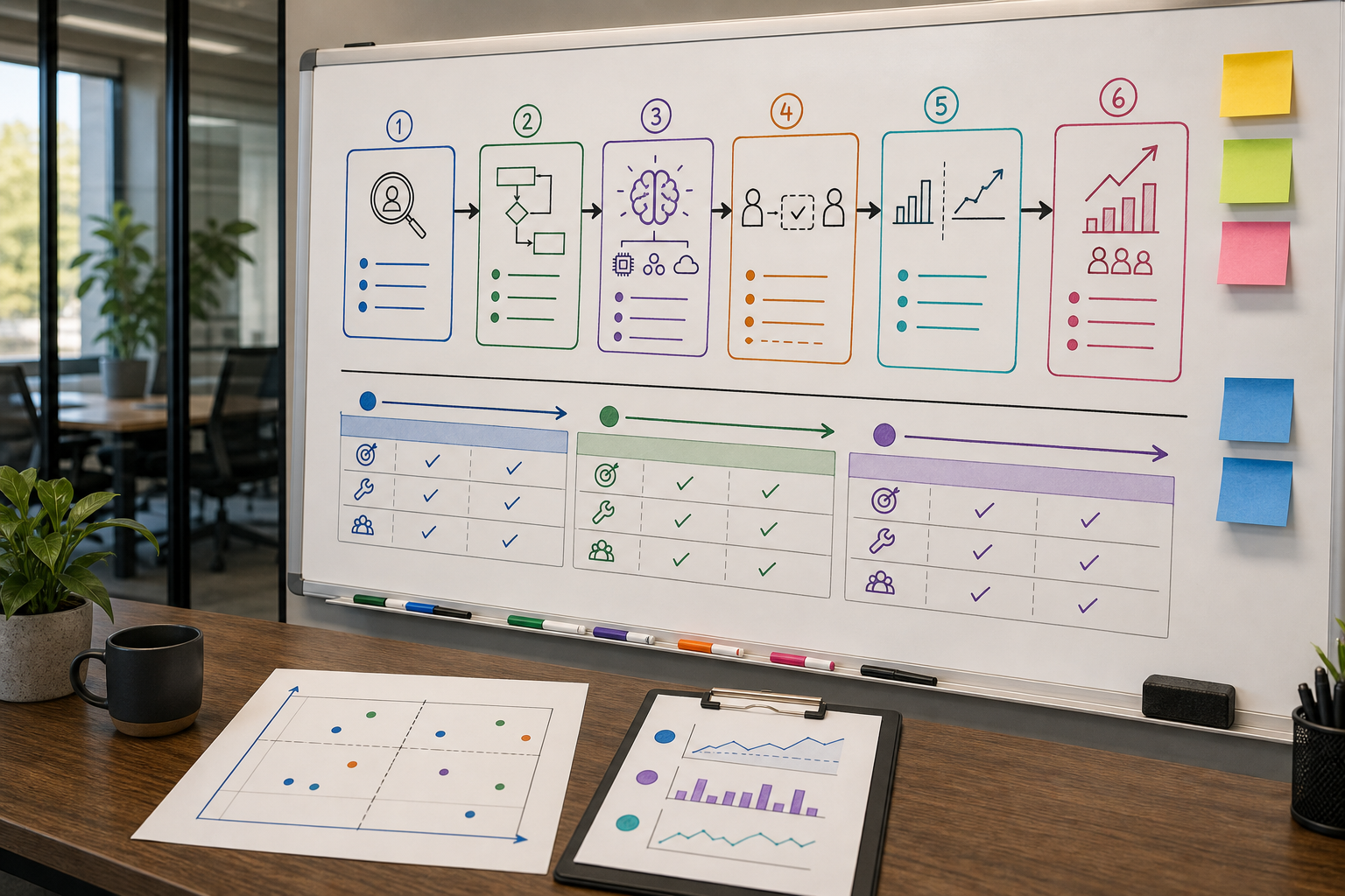 Small business team mapping an AI implementation workflow for customer support with human review before sending replies