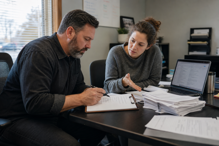 Operations manager planning an AI automation strategy with a 90-day roadmap and workflow diagram for a small business