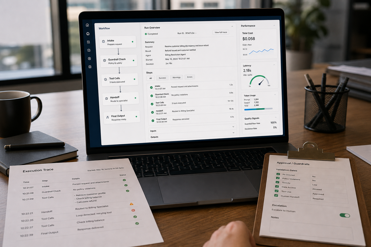 Engineers reviewing an AI agent workflow diagram with tracing and handoffs for an OpenAI Agents SDK review