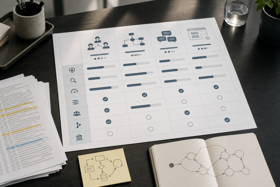 Solution architect comparing AI agent frameworks using a workflow-shape decision matrix on a whiteboard