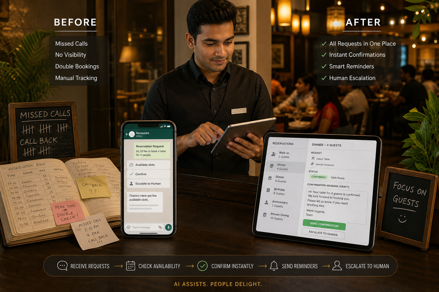 Premium editorial photo-illustration in an Indian small restaurant reception area during service: a host/front-desk staff member with a tablet reviewing reservation requests while a smartphone nearby shows a generic WhatsApp chat with minimal non-identifying labels like “Reservation Request,” “Confirm,” “Escalate to Human,” and “Available slots.” Show a clear before/after contrast in one frame: on the left a cluttered paper reservation book and missed-call notes, on the right a clean digital reservation list with an automated confirmation message draft. Emphasize the business workflow (reservations, confirmations, reminders, human escalation) with subtle AI assistance, no robots, no sci-fi UI, no logos, no names, no dates, no performance numbers, warm realistic restaurant lighting, professional composition suitable for a blog featured image.